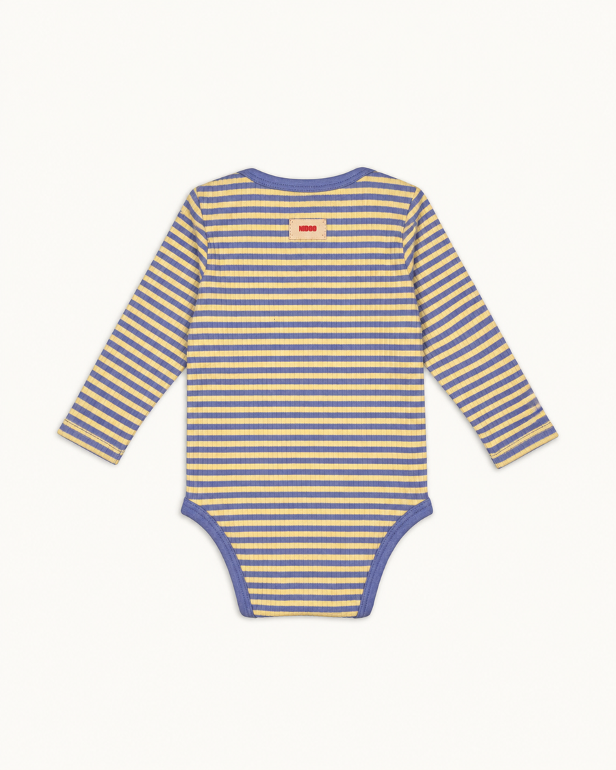 Yellow and periwinkle striped Wren baby bodysuit with periwinkle trim, back view