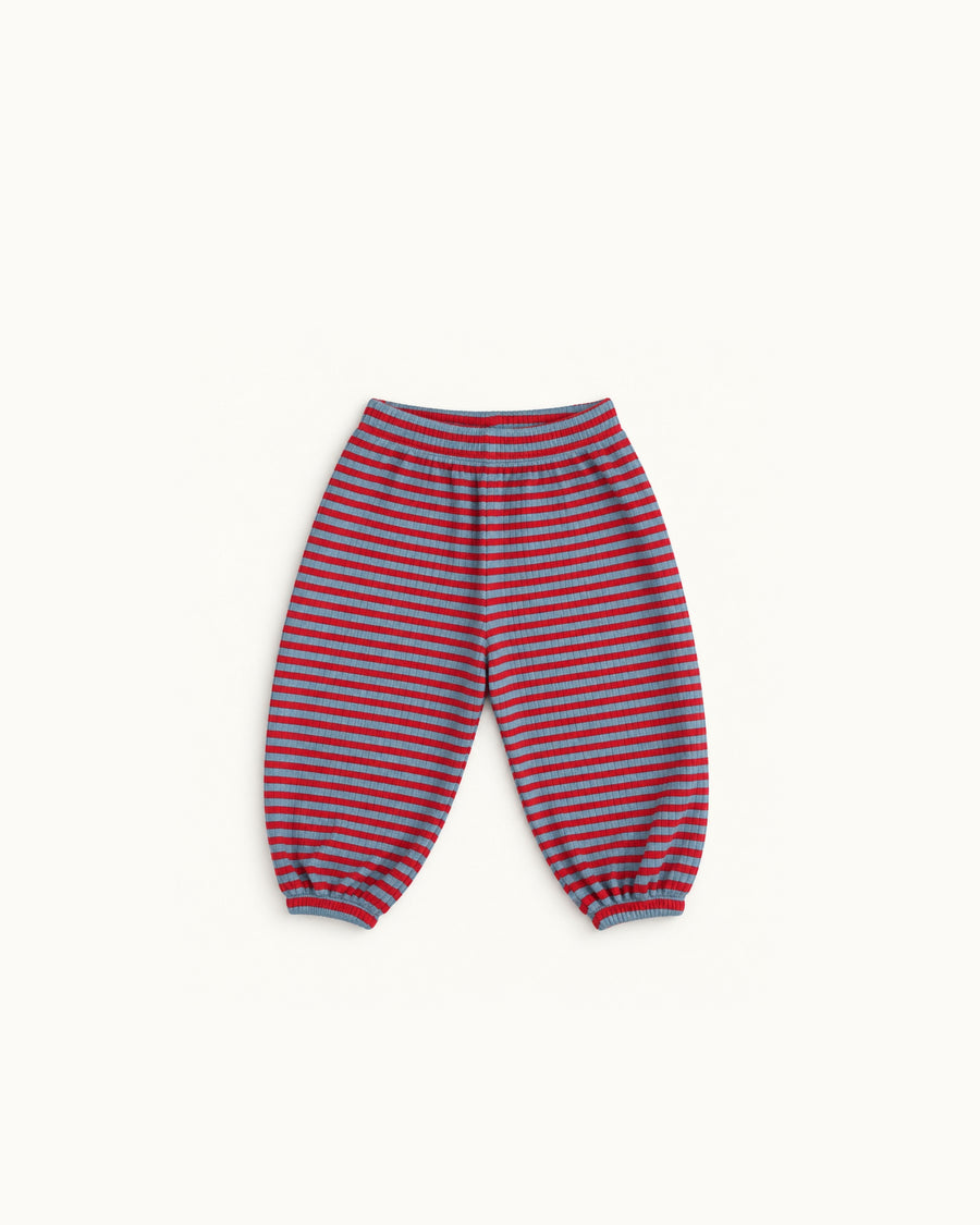 Red and aqua striped Pickle baby balloon pants in Pima cotton and baby alpaca, elastic waist and ankles, front view