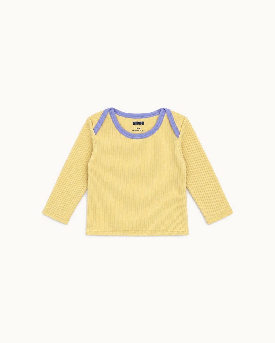 Yellow Ravioli long-sleeve baby tee in Pima cotton and baby alpaca, periwinkle envelope neckline, front view