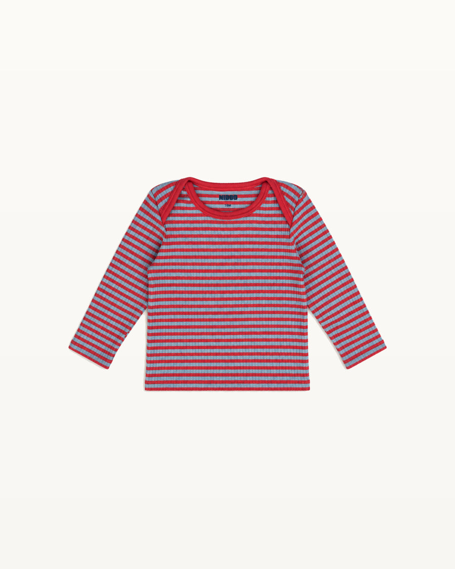 Red and aqua striped Ravioli baby tee in Pima cotton and baby alpaca, red envelope neckline, front view
