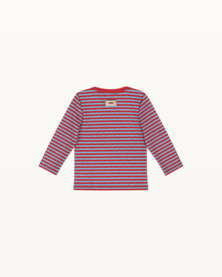 Red and aqua striped Ravioli baby tee with red neckline, back view