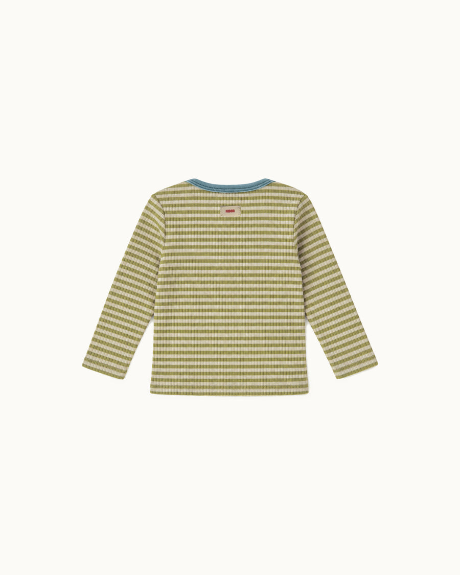Green and cream striped Ravioli baby tee with aqua neckline, back view