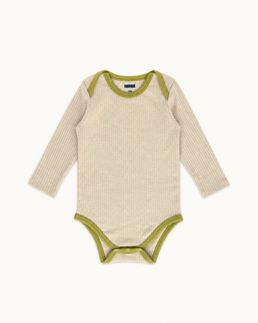 Cream Wren baby bodysuit in Pima cotton and baby alpaca rib knit, green envelope neckline, front view
