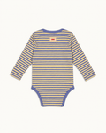Yellow and periwinkle striped Wren baby bodysuit with periwinkle trim, back view