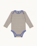 Yellow and periwinkle striped Wren baby bodysuit in Pima cotton and baby alpaca, periwinkle neckline, front view