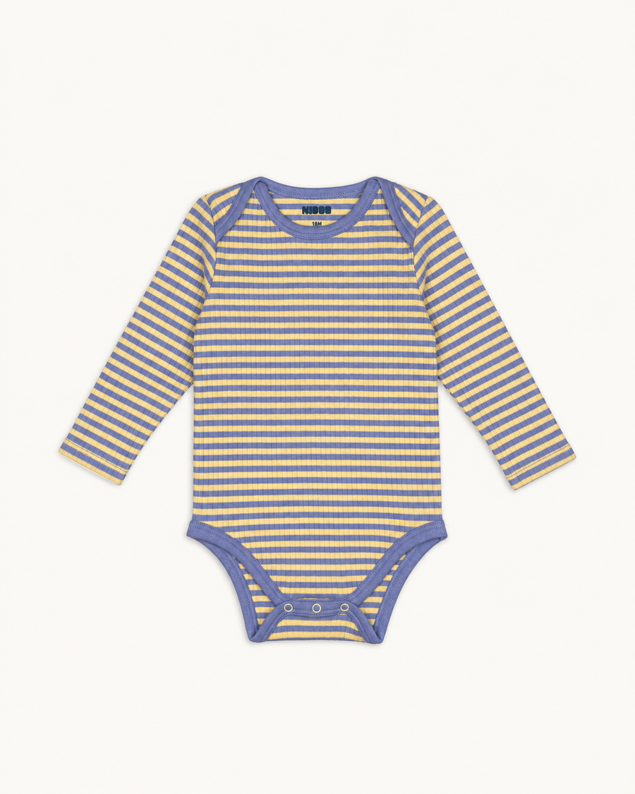 Yellow and periwinkle striped Wren baby bodysuit in Pima cotton and baby alpaca, periwinkle neckline, front view