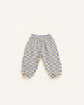 Yellow and periwinkle striped Pickle baby balloon pants in Pima cotton and baby alpaca, elastic waist, front view