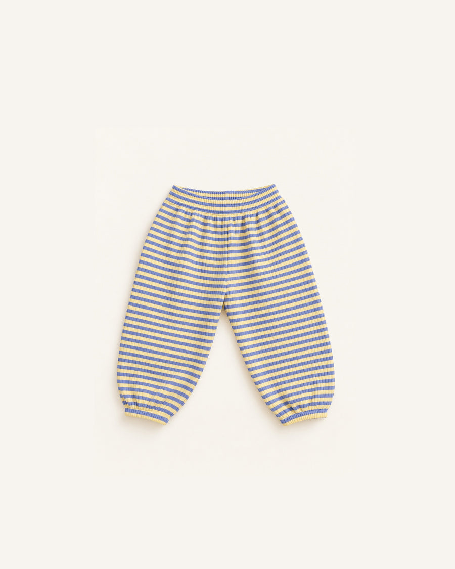 Yellow and periwinkle striped Pickle baby balloon pants in Pima cotton and baby alpaca, elastic waist, front view