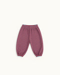 Red and aqua striped Pickle baby balloon pants in Pima cotton and baby alpaca, elastic waist and ankles, front view