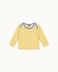Yellow Ravioli long-sleeve baby tee in Pima cotton and baby alpaca, periwinkle envelope neckline, front view