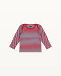 Red and aqua striped Ravioli baby tee in Pima cotton and baby alpaca, red envelope neckline, front view