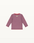 Red and aqua striped Ravioli baby tee with red neckline, back view