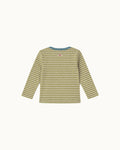 Green and cream striped Ravioli baby tee with aqua neckline, back view