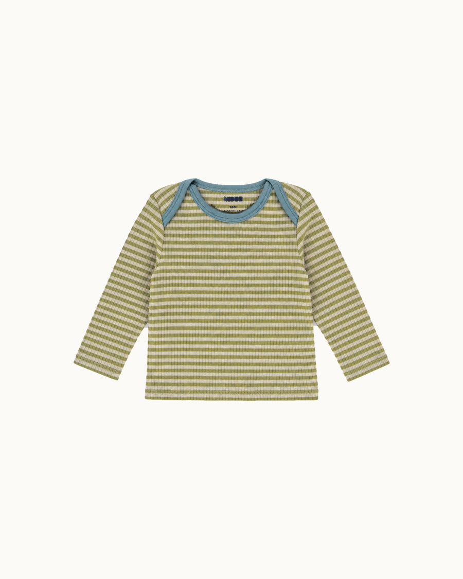 Green and cream striped Ravioli baby tee in Pima cotton and baby alpaca, aqua envelope neckline, front view