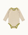 Cream Wren baby bodysuit in Pima cotton and baby alpaca rib knit, green envelope neckline, front view