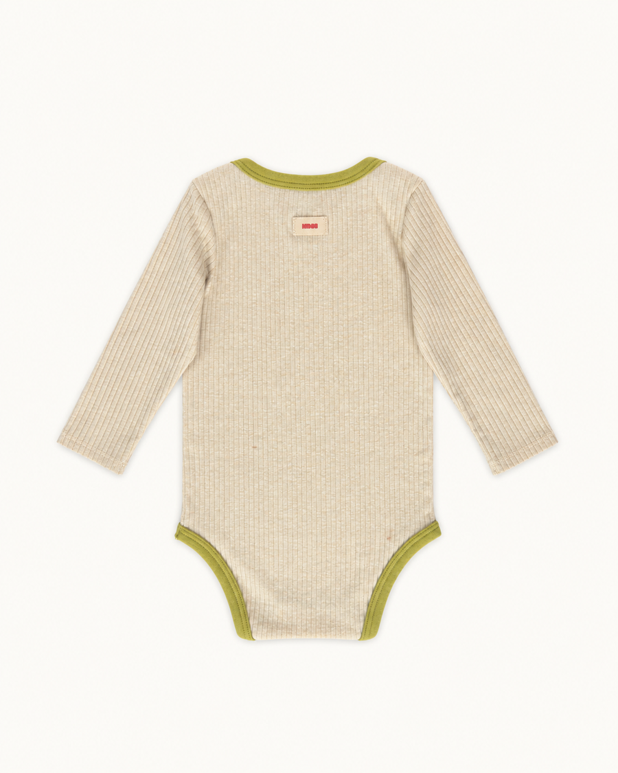 Cream Wren baby bodysuit with green trim, back view