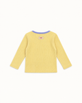 Yellow Ravioli long-sleeve baby tee with periwinkle neckline, back view