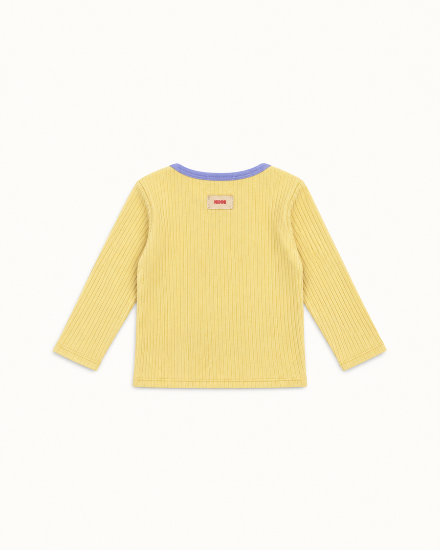Yellow Ravioli long-sleeve baby tee with periwinkle neckline, back view