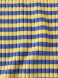 Yellow and periwinkle striped Wren baby bodysuit with matching Pickle balloon pants