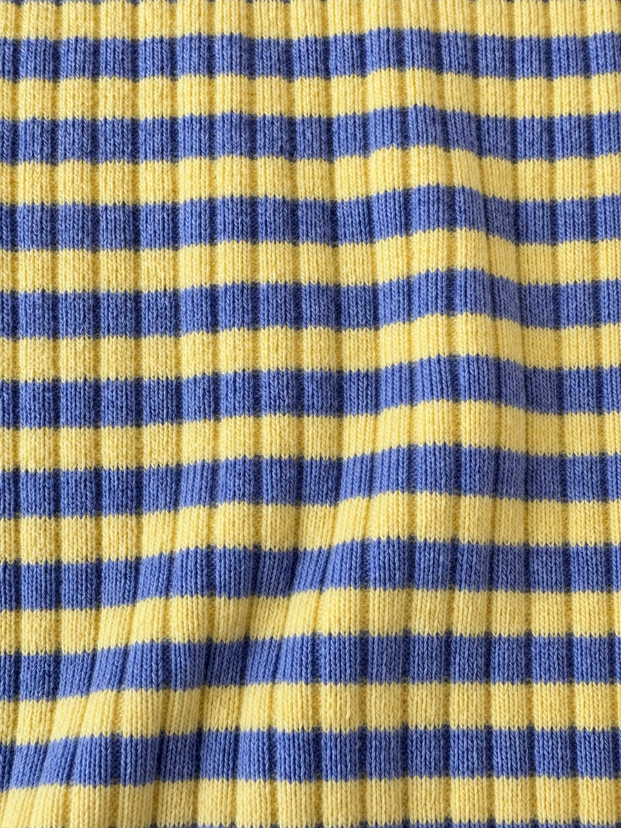 Yellow and periwinkle striped Wren baby bodysuit with matching Pickle balloon pants