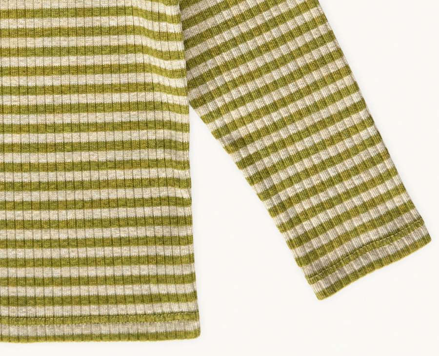 Close-up of the green and cream striped Pima cotton and baby alpaca rib knit on the Ravioli tee